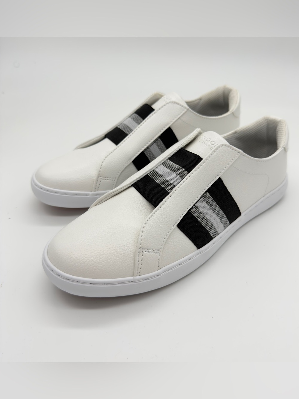 London Fog White Slip-On Sneakers with Black & Gray Stripes